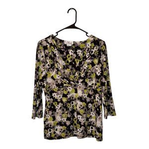 Women's Chaus V-Neck White, Grey, Black, and Green Patterned Blouse Size Large